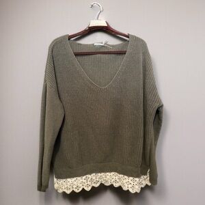 Kimchi Blue V-Neck Sweater with Lace Trim